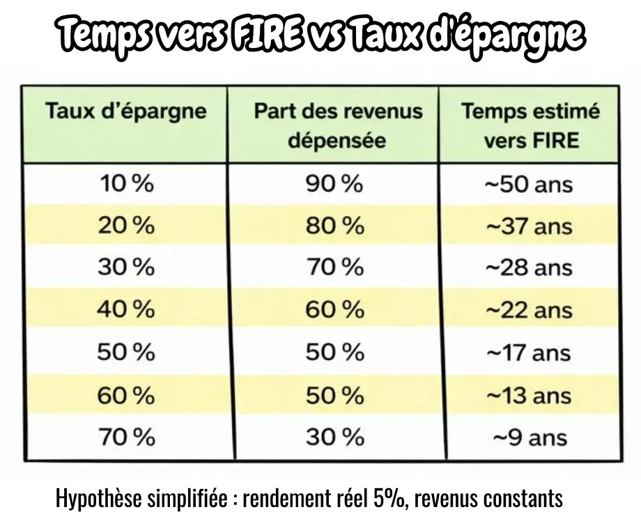 temps FIRE vs taux epargne
